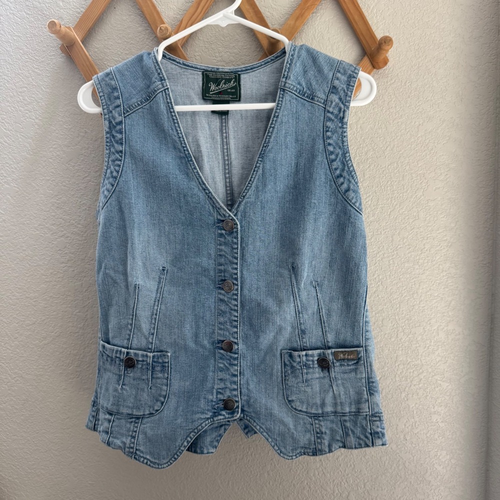 Woolrich Womens Light Wash Denim Vest Button Front Cinch Back Blue Small 18903